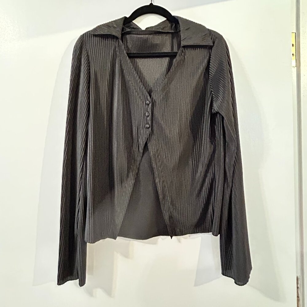 Black Pleated Button-Front Blouse